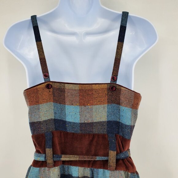 Maple Anthropologie Wool Checkerboard Plaid Velvet Trim Newsroom Jumper Dress 4 - Picture 8 of 9